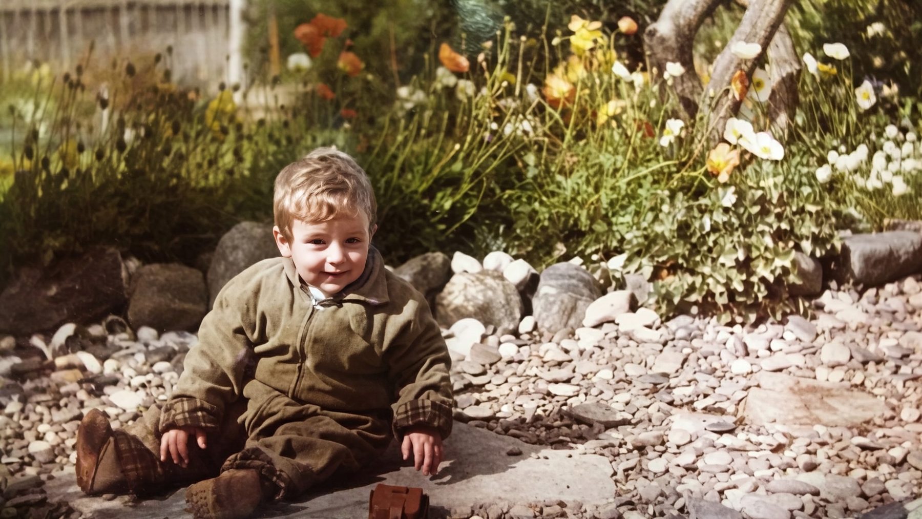 A small child sitting on garden gravel in front of a bed of poppies.